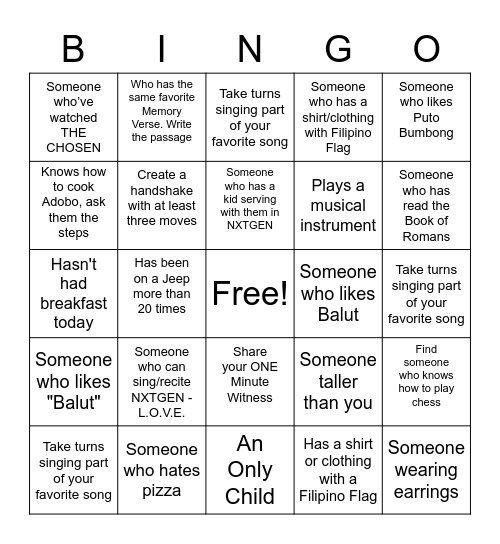 Filipino Human Bingo Card