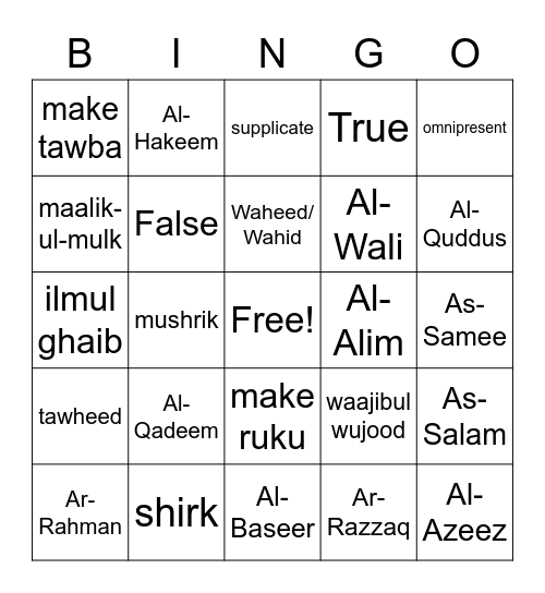 Aqaaid Lesson 1 Bingo Card