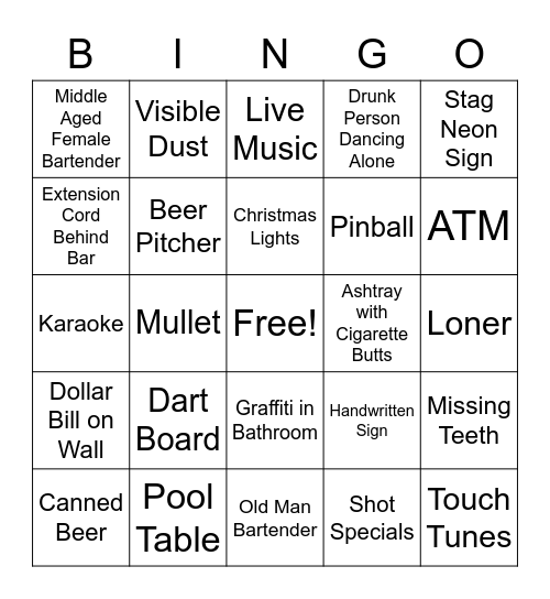 South City Dive Bar Bingo Card