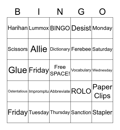 Week 9 and 10 Vocabulary Bingo Card