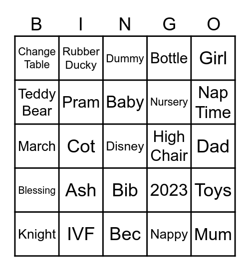 Ash & Bec's Baby Shower Bingo Card