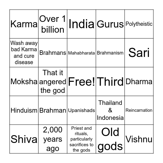 HInduism Bingo Card