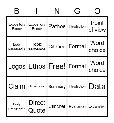 Argumentative/Expository Essay Bingo Card