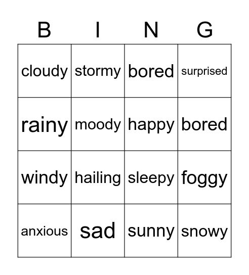 Weather Conditions and Emotions Bingo Card