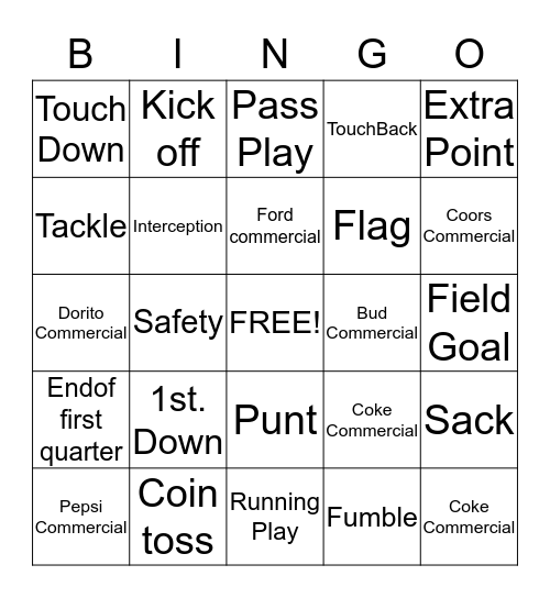 Super Bowl Bingo Card