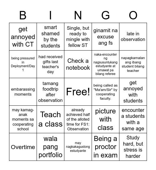 Field Study 101 Bingo Card