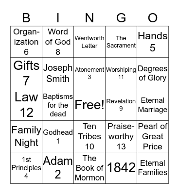 Articles of Faith Bingo Card