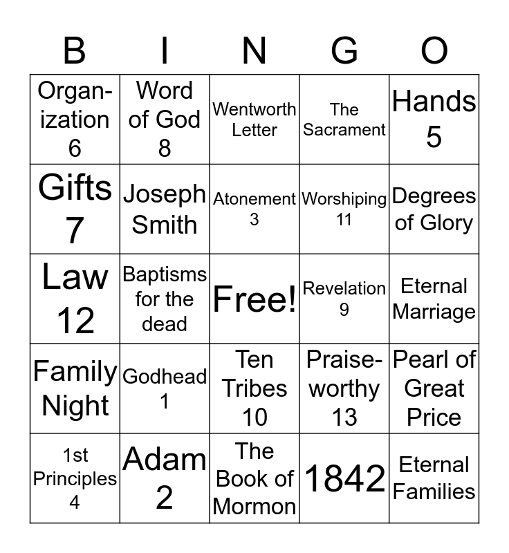 Articles of Faith Bingo Card