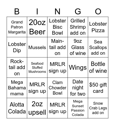 Red Lobster Bingo Card