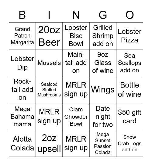 Red Lobster Bingo Card