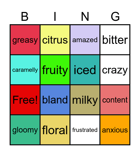 Coffee Adjectives Bingo Card