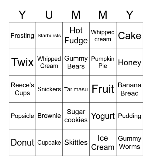 Dessert Bingo Card