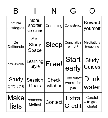 Study Skills Bingo Card