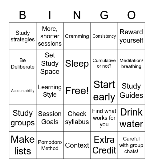 Study Skills Bingo Card