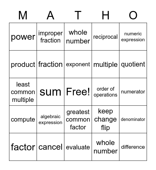 MATHO 1 Bingo Card