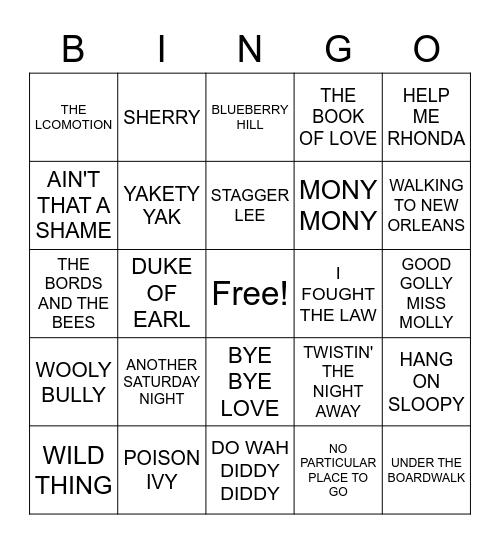 60S HITS Bingo Card