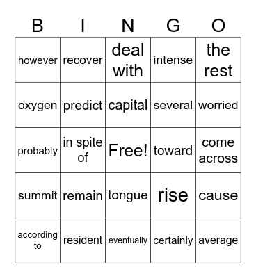 Sky High Plus U1 Bingo Card