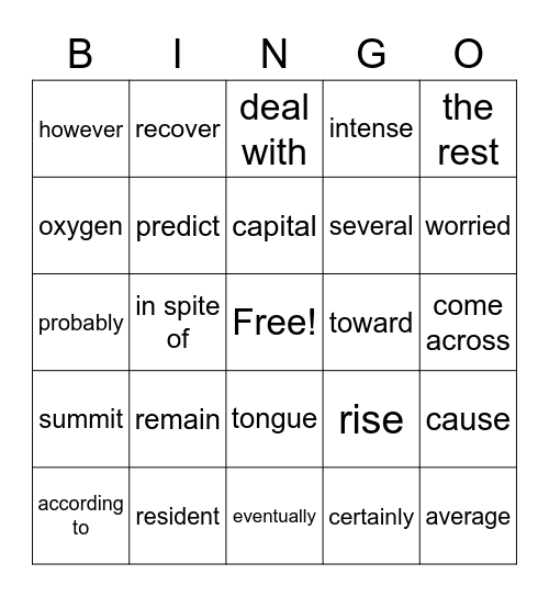 Sky High Plus U1 Bingo Card