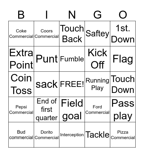 Super Bowl Bingo Card