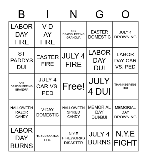 HOLIDAY DISASTER BINGO Card