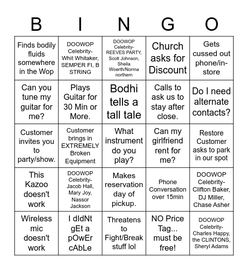 Doowop Bingo Card