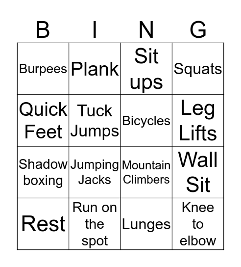 Fitness Bingo Card
