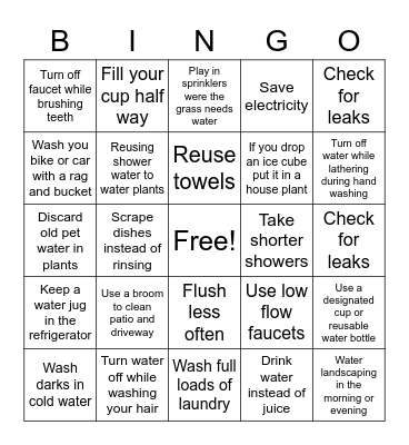 Water Conservation Bingo Card