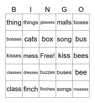 plurals Bingo Card