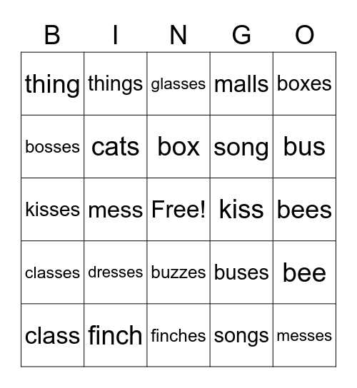 plurals Bingo Card