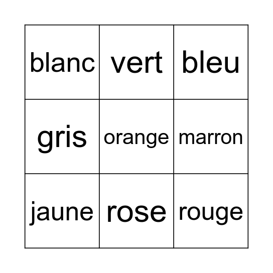 French Colours Bingo Card