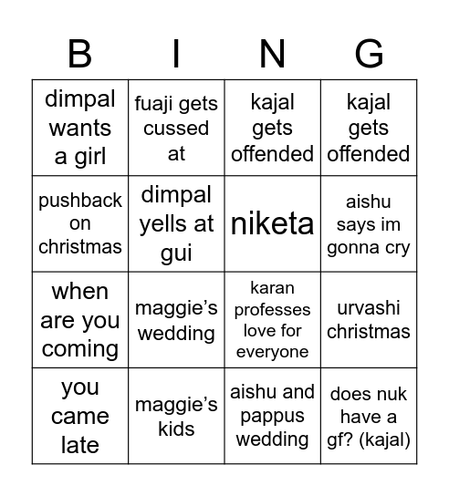 family shitshow bingo Card