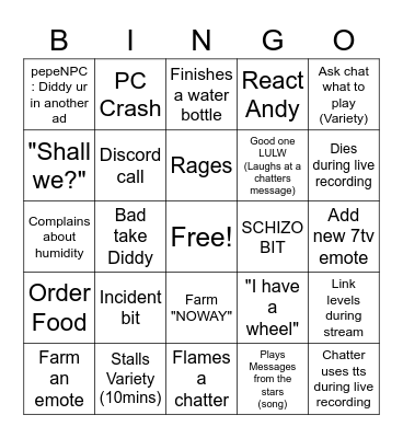 Diddysauce Bingo V2 Bingo Card