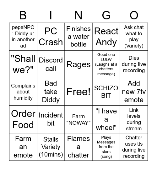 Diddysauce Bingo V2 Bingo Card