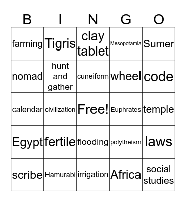 Mesopotamia Bingo Card