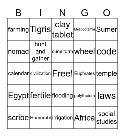 Mesopotamia Bingo Card