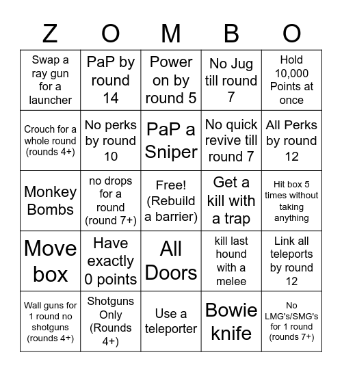 Cod Zombies (Updated) Bingo Card