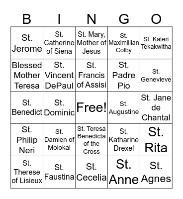 Saints Bingo Card