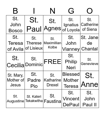 Saints Bingo Card