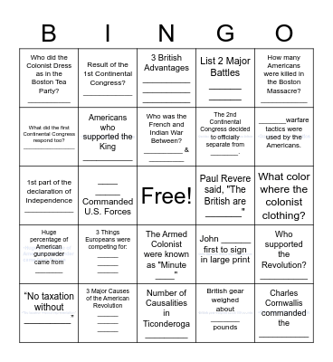 American Revolution PART 1 (1-47) Bingo Card