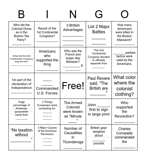 American Revolution PART 1 (1-47) Bingo Card