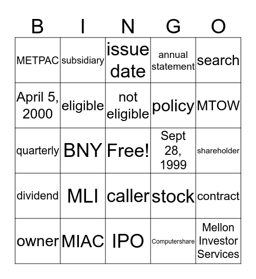 Stocktacular Bingo Card