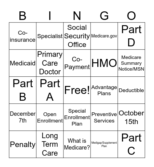 Medicare  Bingo Card