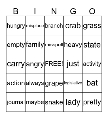 Spelling Bingo Card