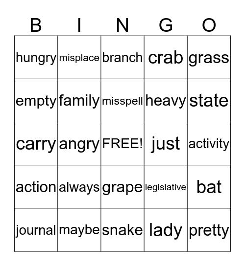 Spelling Bingo Card
