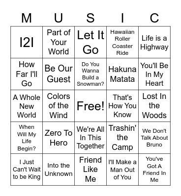 Disney Music Bingo Card