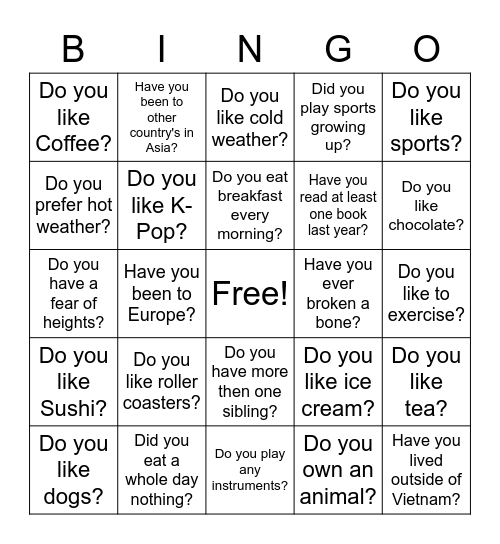 24 Questions Bingo Card