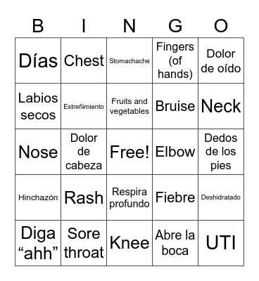 Spanish Bingo (Bingo en español) Bingo Card