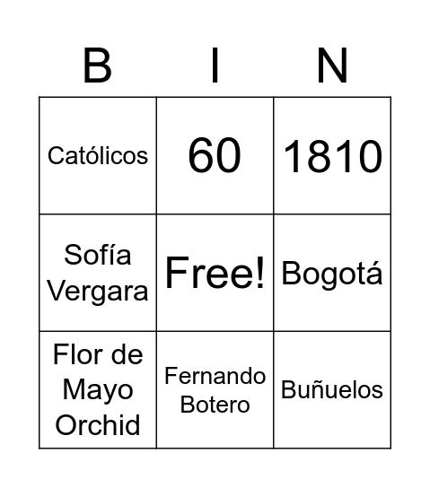 COLOMBIA Bingo Card