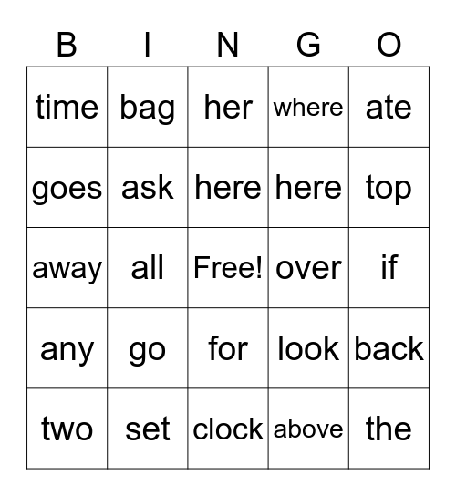 Sight Word Bingo Card