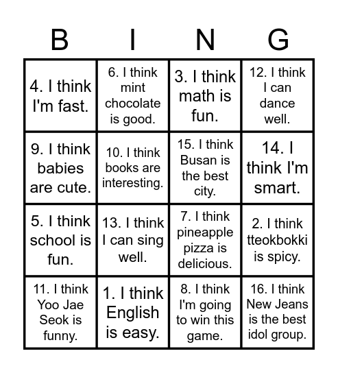 I think so too. / I don't think so. Bingo Card